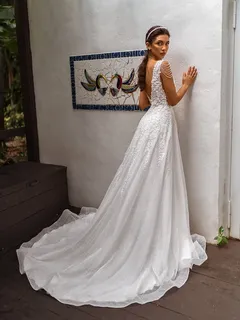 Glamorous V-Neck Beadings Chapel Train Tiered Ball Gown Wedding Dress