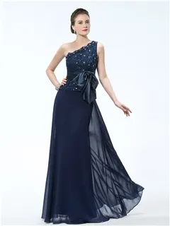 Elegant A-Line One-Shoulder Appliques Bowkont Evening Dress