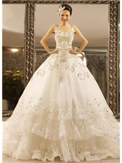 Glamorous V-Neck Beadings Chapel Train Tiered Ball Gown Wedding Dress