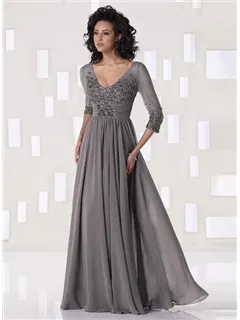 Elegant V-Neck 3/4-Length Sleeves Appliques Beading Mother of the Bride Dress