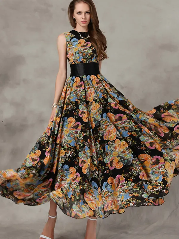 Dresswe.com SUPPLIES Super Quality Floral Printing Beach Vacation Dress Maxi Dresses