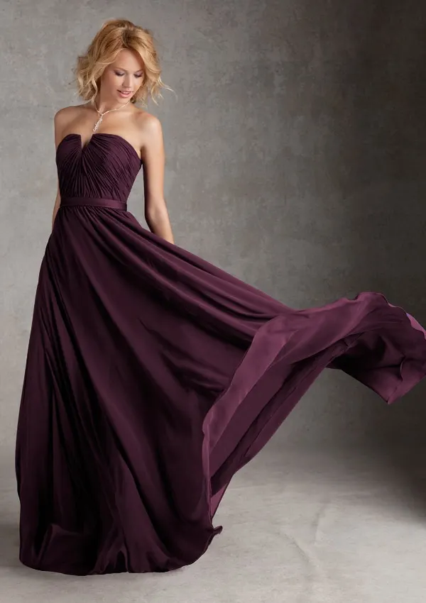 Simple A-line Strapless Ruching Floor-length Chiffon Bridesmaid Dresses_1