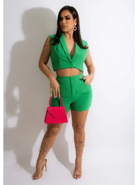 Casual Pure Color Sleeveless 2 Piece Short Suits