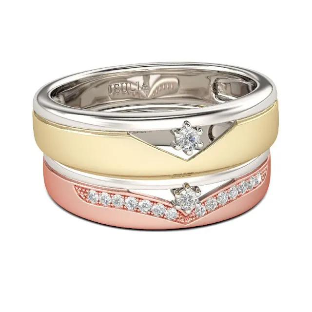 Jeulia Two Tone Round Cut Sterling Silver Band Set Jeulia Two Tone Round Cut Sterling Silver Band Set